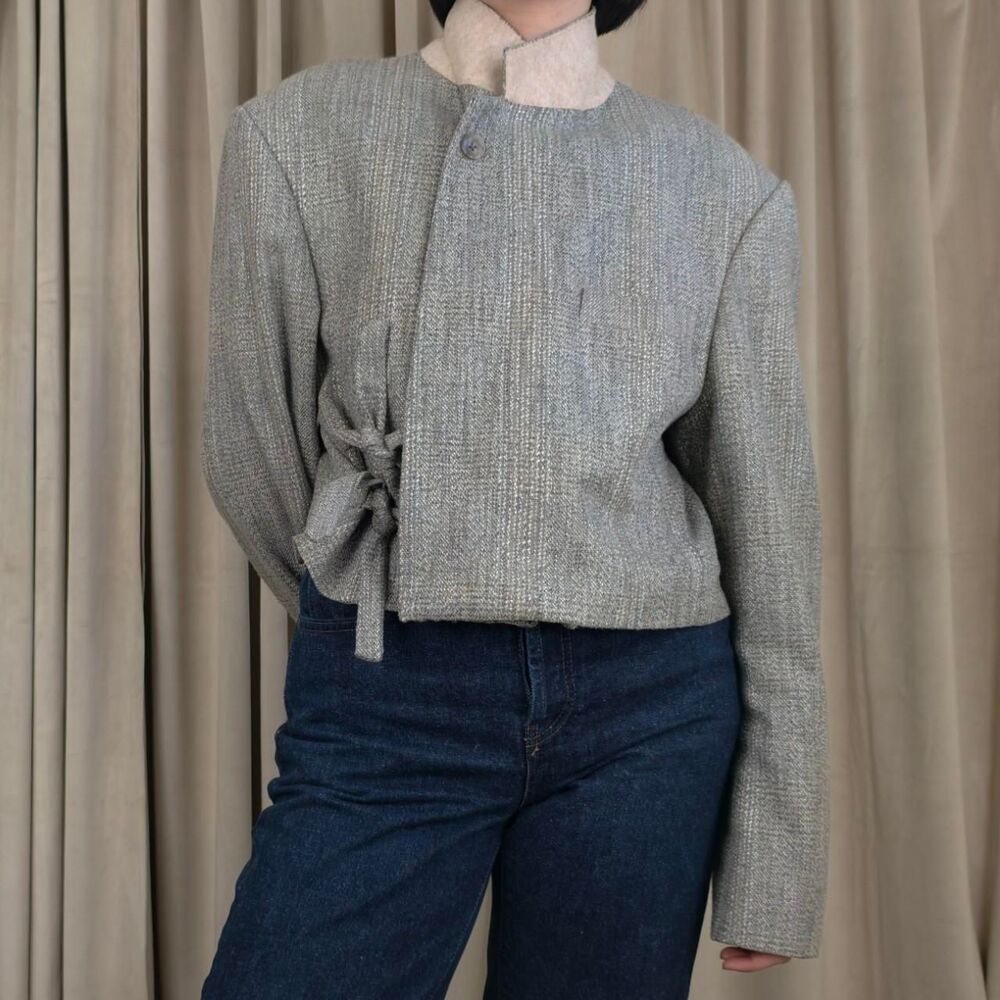 Reworked Vintage Grey Cropped Tweed Blazer with Tie Detail